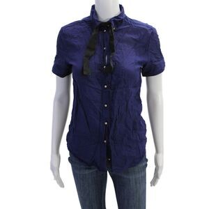 McQ Womens Short Sleeves Button Down Shirt Navy Blue Cotton Size EUR 42
